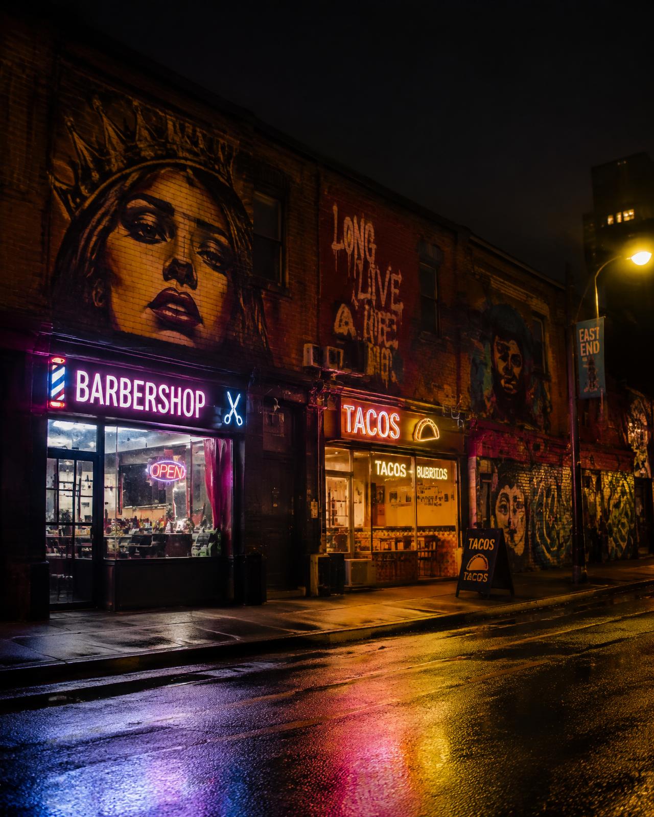 Neon-lit city block with local shops